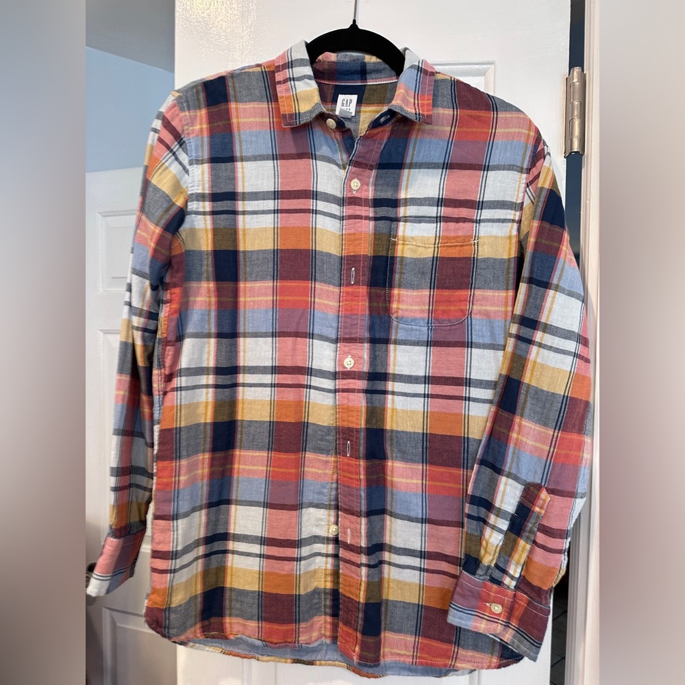Gap Kids boys plaid button down shirt size 
XXL (14-16). Orange and blues